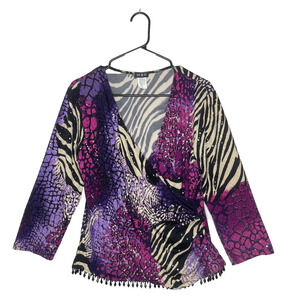 Vintage MSK Womens Wrap Top 80s Animal Print Beaded Trim Disco Rave Colorful L